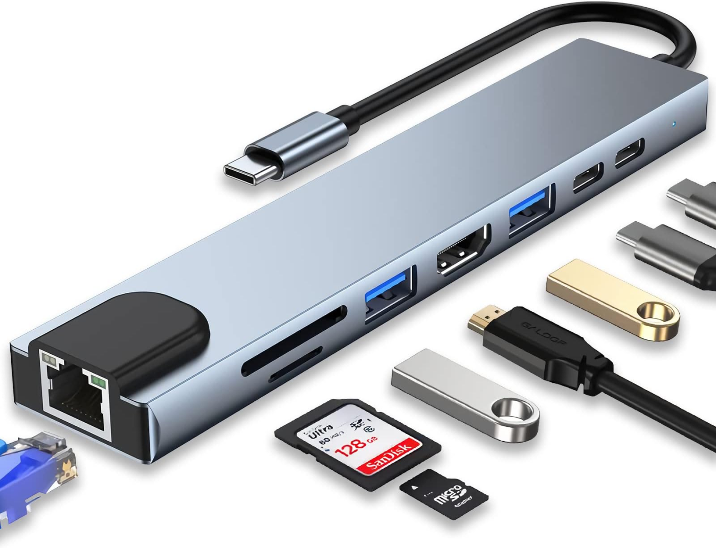 Type-C to HDTV 8-in-1 Hub with RJ45, USB, SD/TF Card Reader